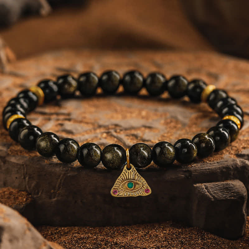 Olivenorma „Evil Eye“ Natürliches goldenes Obsidian-Perlenarmband 