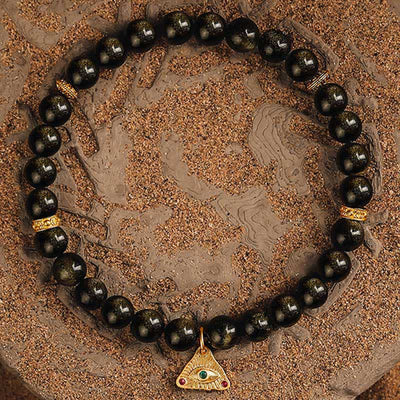 Olivenorma „Evil Eye“ Natürliches goldenes Obsidian-Perlenarmband 