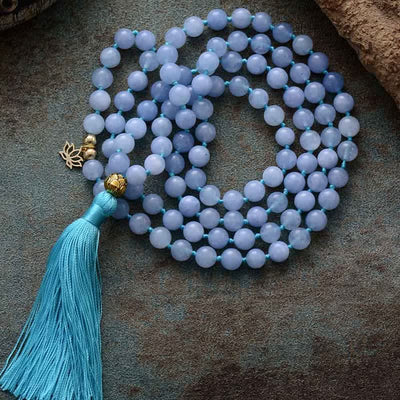 Olivenorma 108 Aquamarin Mala Perlen Quasten Rosenkranz Halskette 