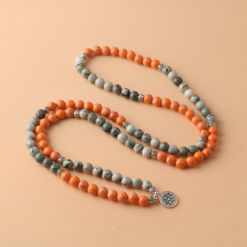 Olivenorma 108 Orange Emperor Stone Mala-Perlen Lotus-Anhänger Halskette