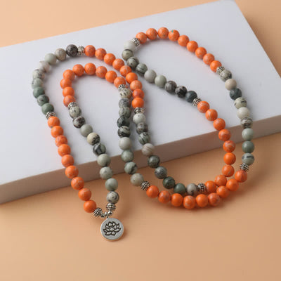 Olivenorma 108 Orange Emperor Stone Mala-Perlen Lotus-Anhänger Halskette