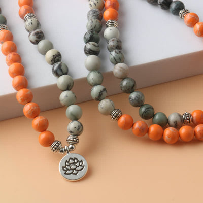 Olivenorma 108 Orange Emperor Stone Mala-Perlen Lotus-Anhänger Halskette