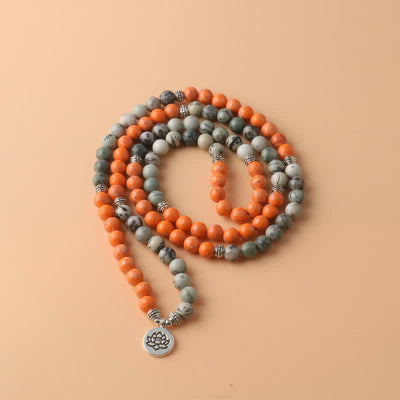 Olivenorma 108 Orange Emperor Stone Mala-Perlen Lotus-Anhänger Halskette