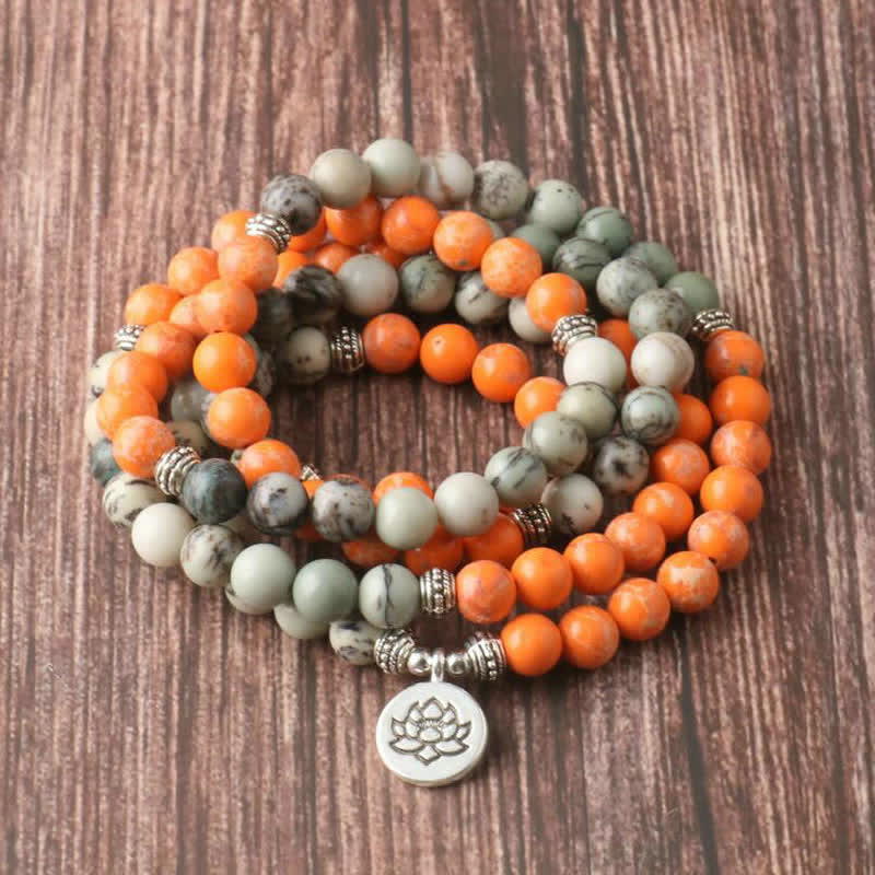 Olivenorma 108 Orange Emperor Stone Mala-Perlen Lotus-Anhänger Halskette