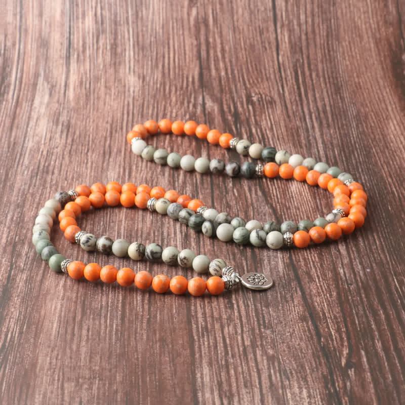 Olivenorma 108 Orange Emperor Stone Mala-Perlen Lotus-Anhänger Halskette