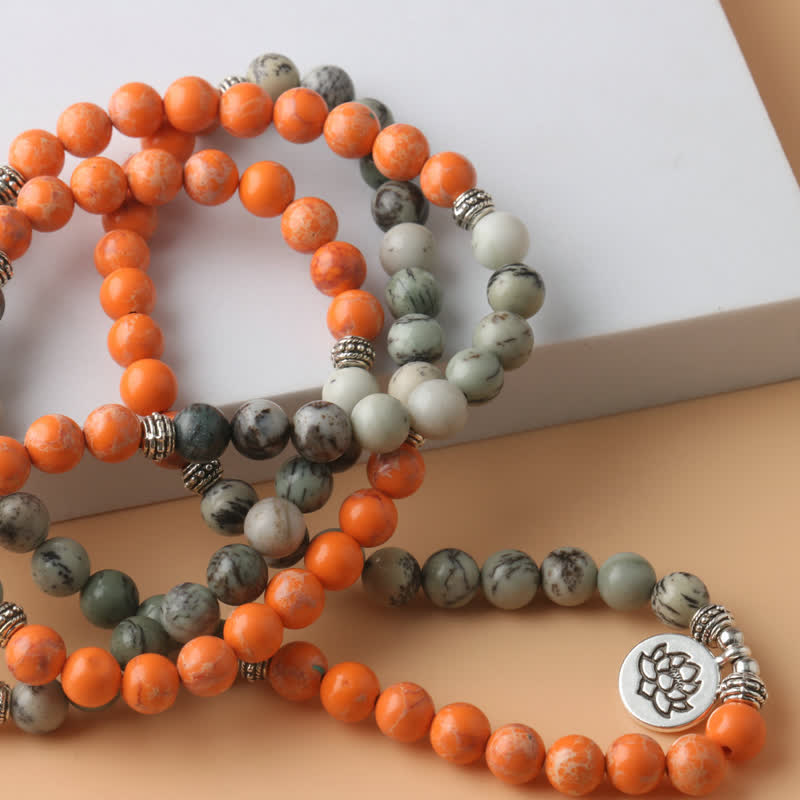 Olivenorma 108 Orange Emperor Stone Mala-Perlen Lotus-Anhänger Halskette