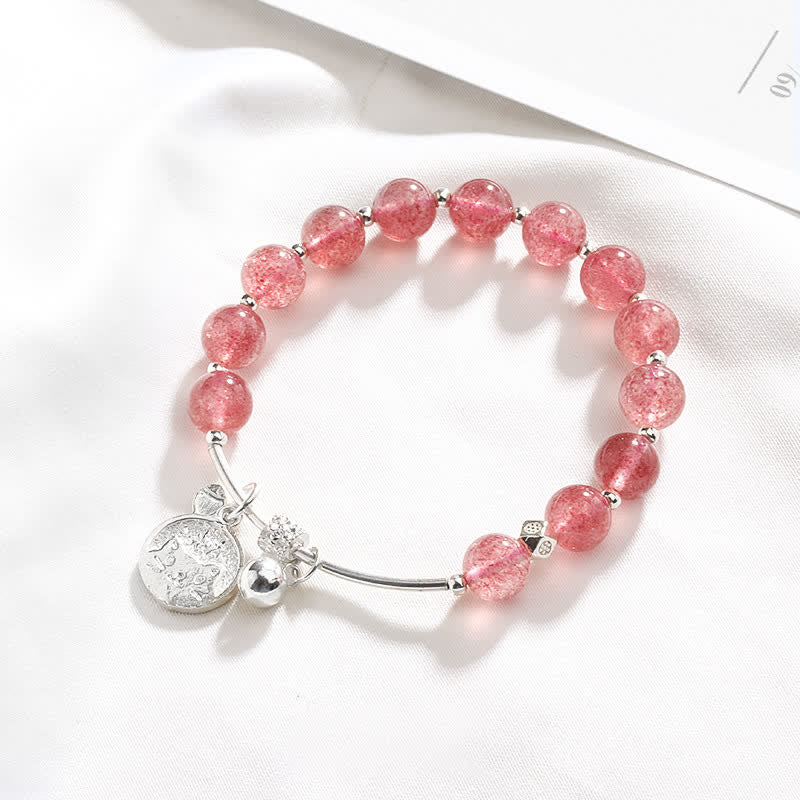 Olivenorma Strawberry Quartz Perlenketten Katzen Glocken Anhänger Armband