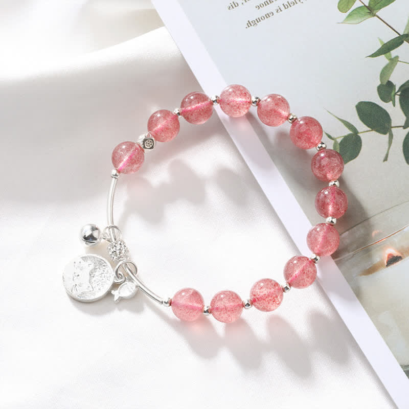 Olivenorma Strawberry Quartz Perlenketten Katzen Glocken Anhänger Armband