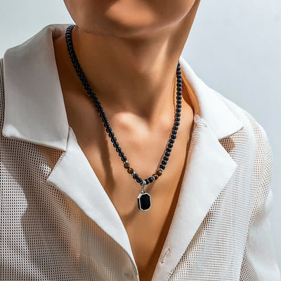 Olivenorma Black Onyx Natursteinperlen Herren Halskette - Schwarzer Onyx & Tigerauge - image 2
