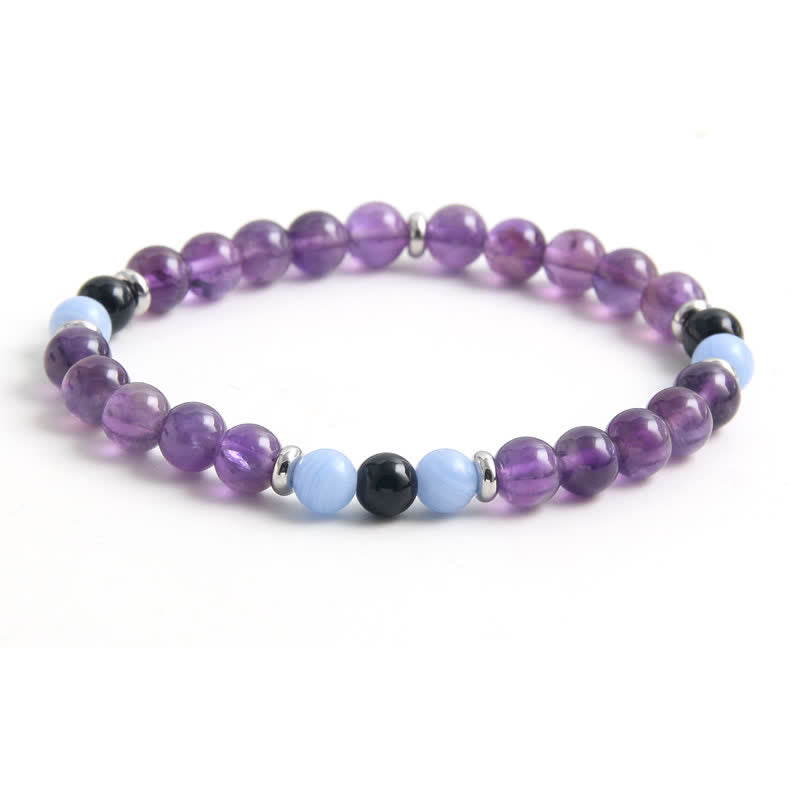 Olivenorma Amethyst Blauer Chalcedon Perlenarmband