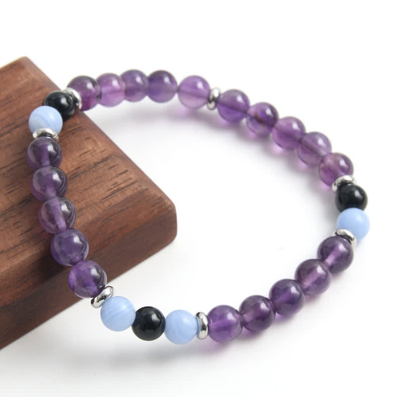 Olivenorma Amethyst Blauer Chalcedon Perlenarmband