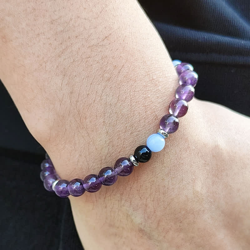 Olivenorma Amethyst Blauer Chalcedon Perlenarmband