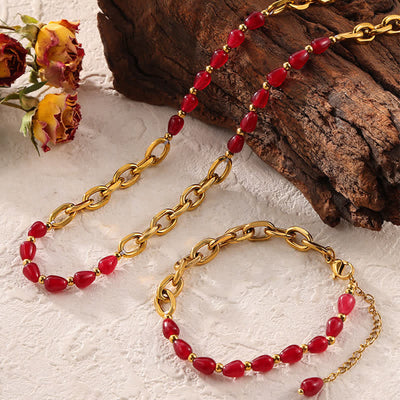 Olivenorma Natural Red Agate Necklace Titanium Steel Jewelry Set