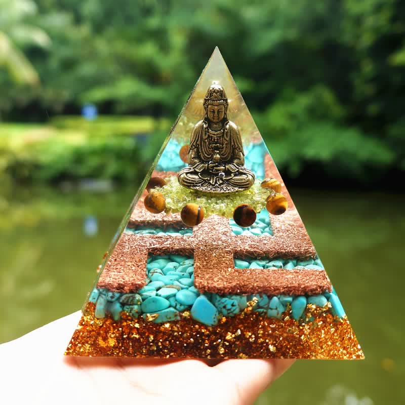 Olivenorma Tigerauge Türkis Peridot Buddha Orgon-Pyramide 