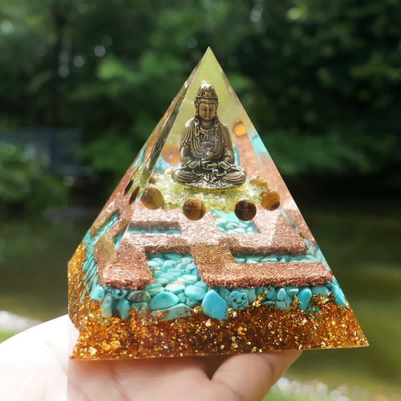 Olivenorma Tigerauge Türkis Peridot Buddha Orgon-Pyramide 