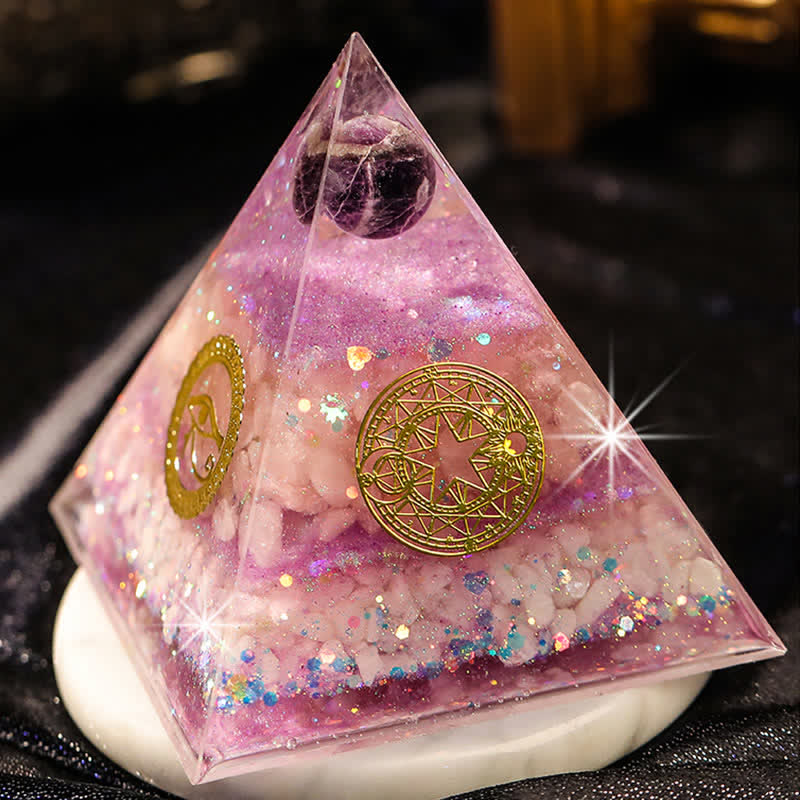 Olivenorma "Glück in der Liebe" Amethyst Rosenquarz Orgon-Pyramide