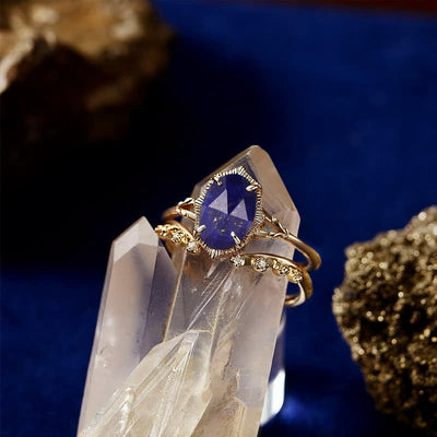 Olivenorma Lapis Lazuli Weißer Zirkon Doppelter Ringsatz