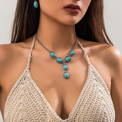 Olivenorma Natural Turquoise Exaggerated Long Pendant Necklace Set