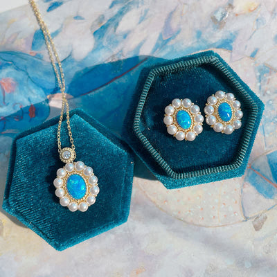 Olivenorma Blauer Opal Süßwasserperle Sonnenblumen Anhänger Schmuckset