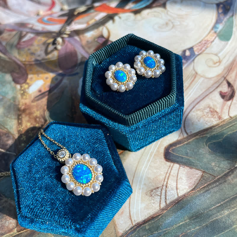 Olivenorma Blauer Opal Süßwasserperle Sonnenblumen Anhänger Schmuckset