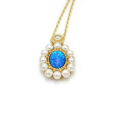 Olivenorma Blauer Opal Süßwasserperle Sonnenblumen Anhänger Schmuckset