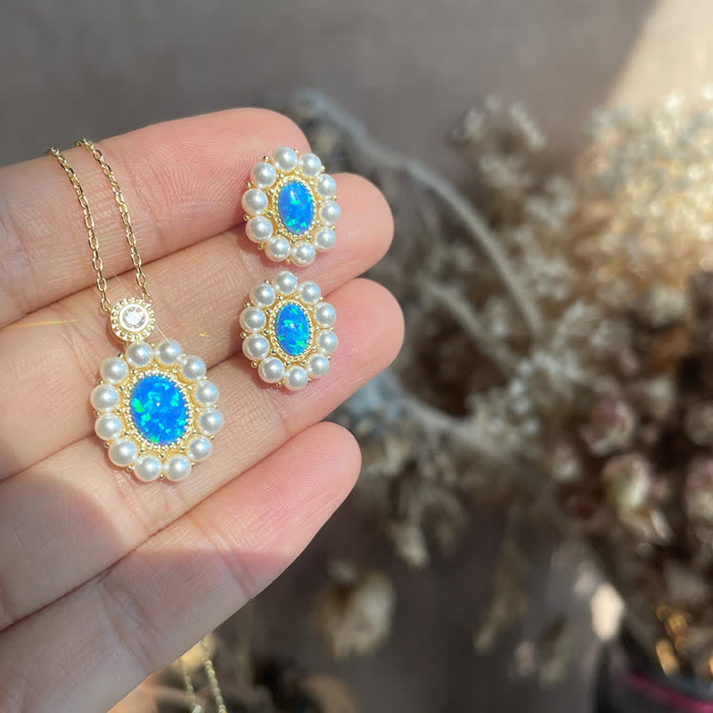 Olivenorma Blauer Opal Süßwasserperle Sonnenblumen Anhänger Schmuckset