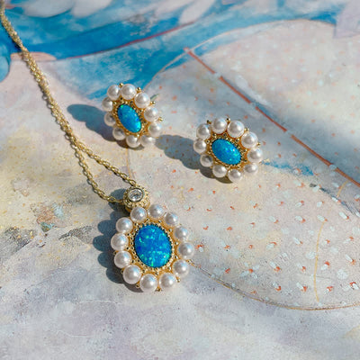 Olivenorma Blauer Opal Süßwasserperle Sonnenblumen Anhänger Schmuckset