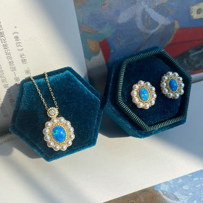 Olivenorma Blauer Opal Süßwasserperle Sonnenblumen Anhänger Schmuckset