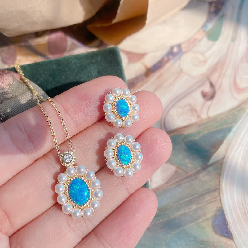 Olivenorma Blauer Opal Süßwasserperle Sonnenblumen Anhänger Schmuckset