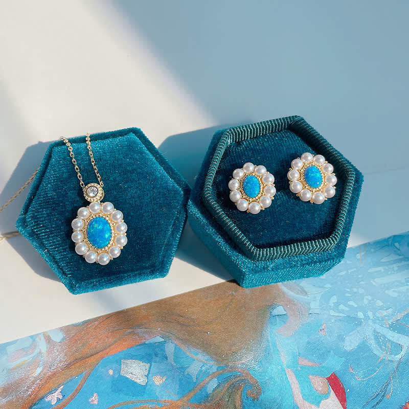 Olivenorma Blauer Opal Süßwasserperle Sonnenblumen Anhänger Schmuckset