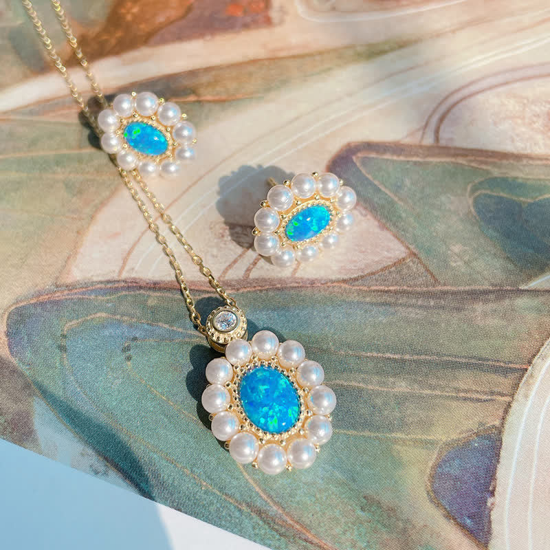 Olivenorma Blauer Opal Süßwasserperle Sonnenblumen Anhänger Schmuckset