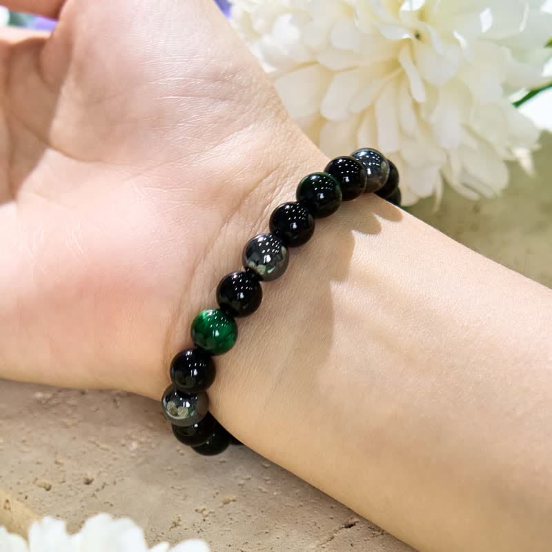 Olivenorma Grüner Tigerauge Obsidian Hämatit Perlenarmband 