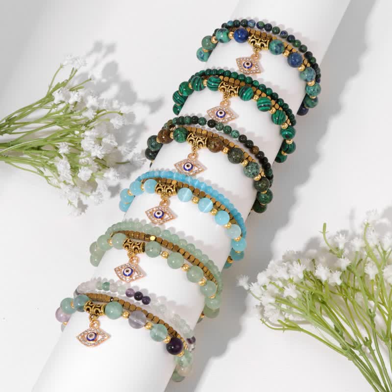 Olivenorma Naturstein Perlen böser Blick Anhänger Armband Set 