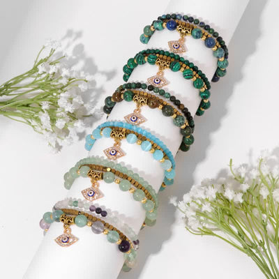 Olivenorma Naturstein Perlen böser Blick Anhänger Armband Set 