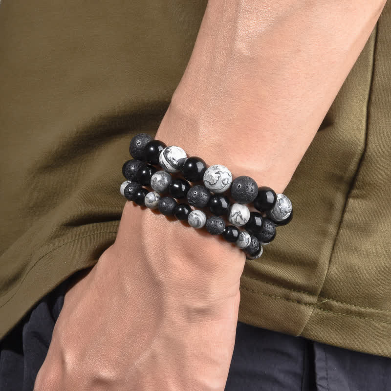 Olivenorma Grauer Jaspis Obsidian Lava Stein Perlenarmband