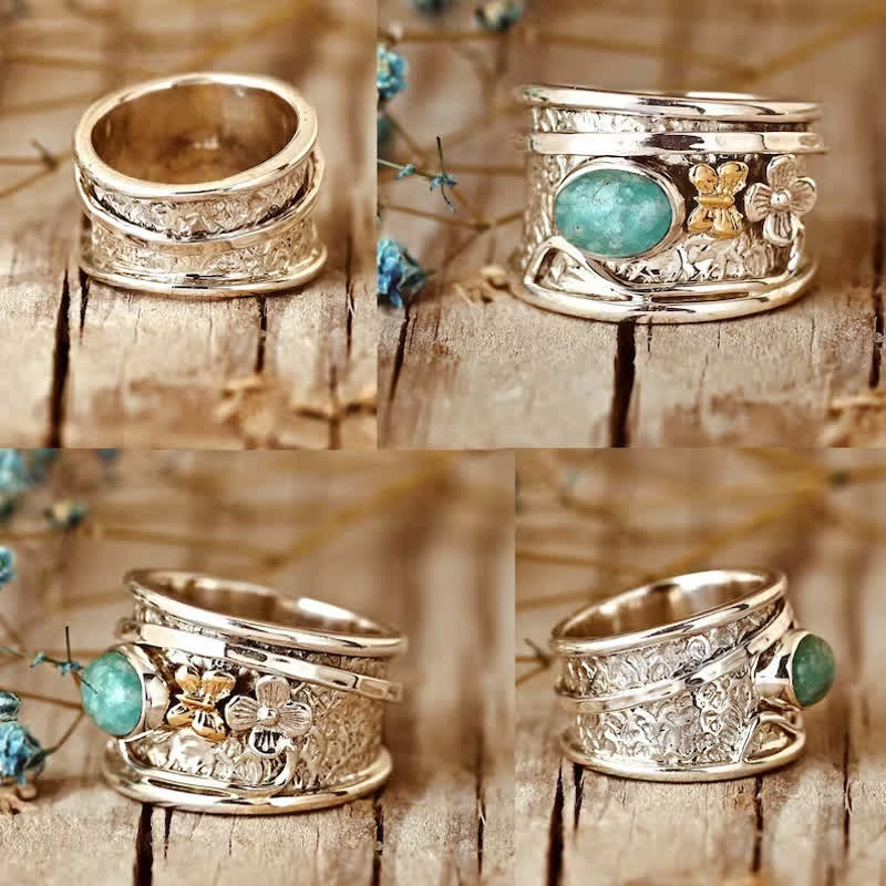 Olivenorma Amazonite Schmetterling und Blumen Fidget Ring