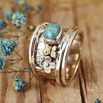 Olivenorma Amazonite Schmetterling und Blumen Fidget Ring