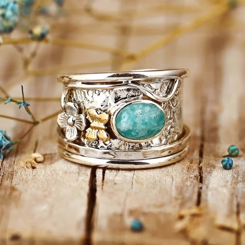 Olivenorma Amazonite Schmetterling und Blumen Fidget Ring