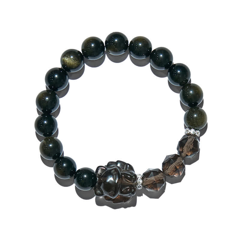 Olivenorma Armband mit Anhänger „Kleiner Fuchs“ aus goldenen Obsidianperlen 