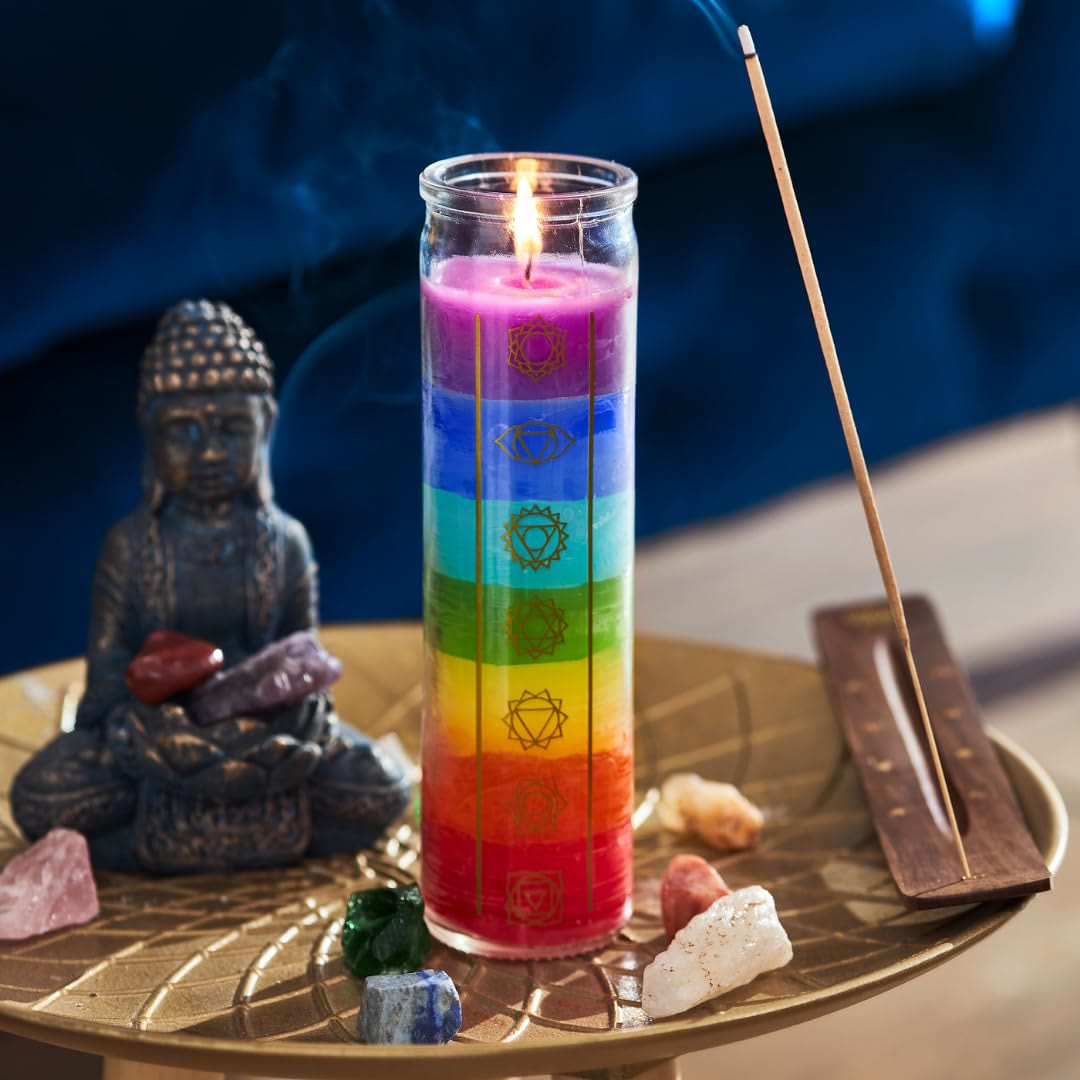 Olivenorma 7 Chakra Kerze Andachtskerze mit transparentem Glas