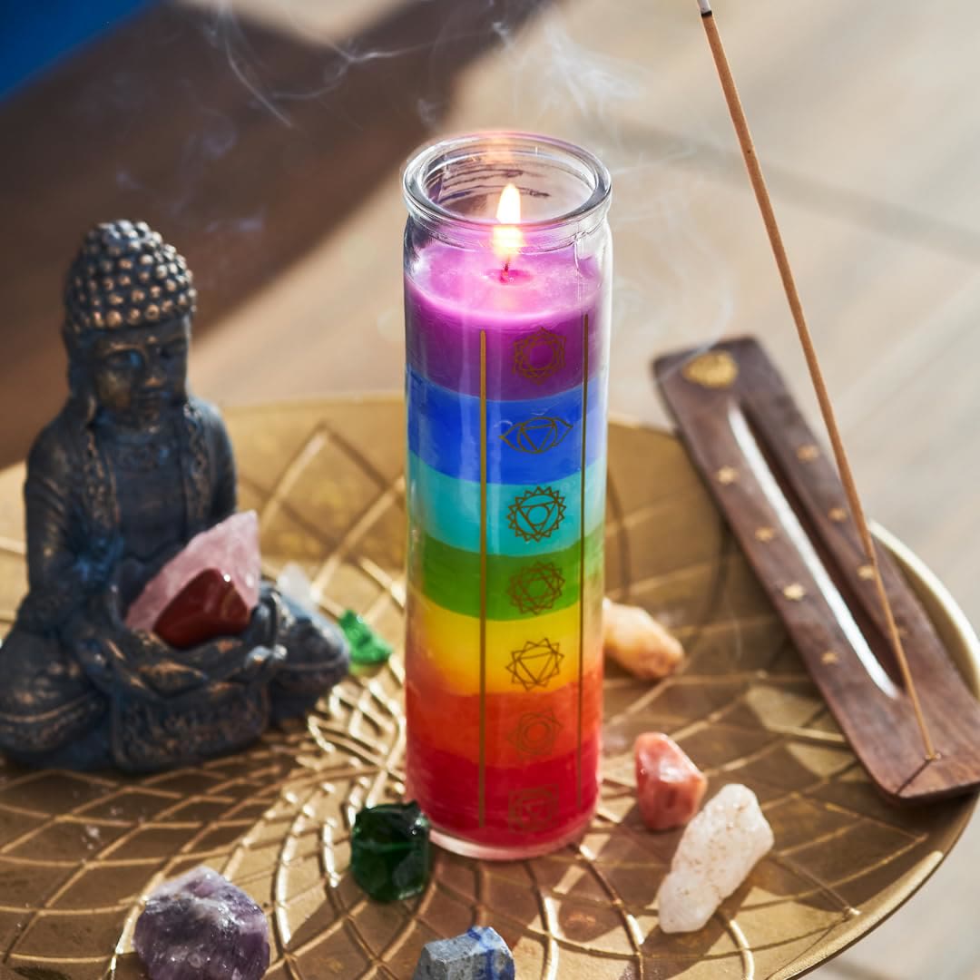 Olivenorma 7 Chakra Kerze Andachtskerze mit transparentem Glas