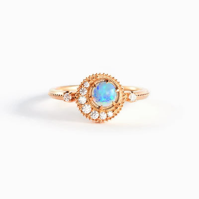 Olivenorma Ring mit natürlichem Opal und weißem Zirkon, Mond und Planet