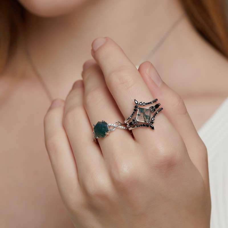 Olivenorma 3-teiliger Ring aus Moosachat und Obsidian in Kronenform