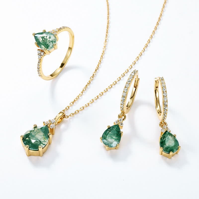 Olivenorma Golden Moss Achat Wassertropfen Schmuckset