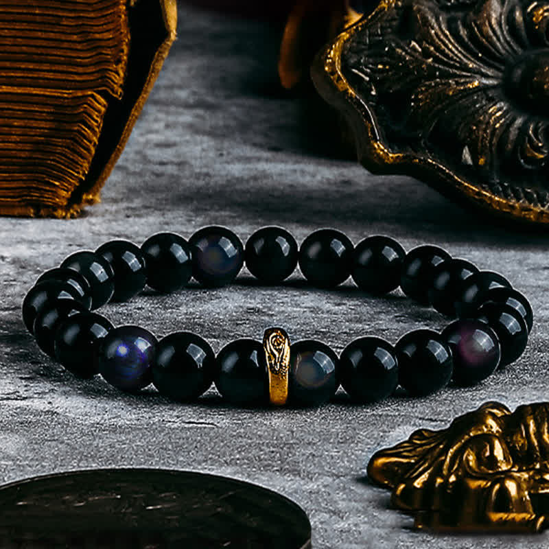 Olivenorma Armband mit Perlen aus natürlichem Obsidian und bösem Blick in Gold und Silber