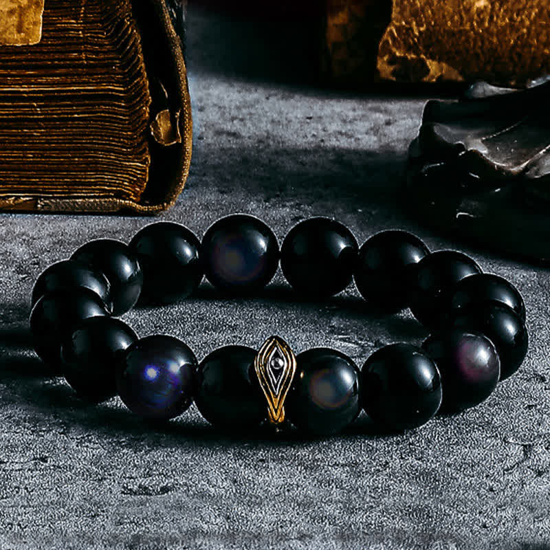 Olivenorma Armband mit Perlen aus natürlichem Obsidian und bösem Blick in Gold und Silber