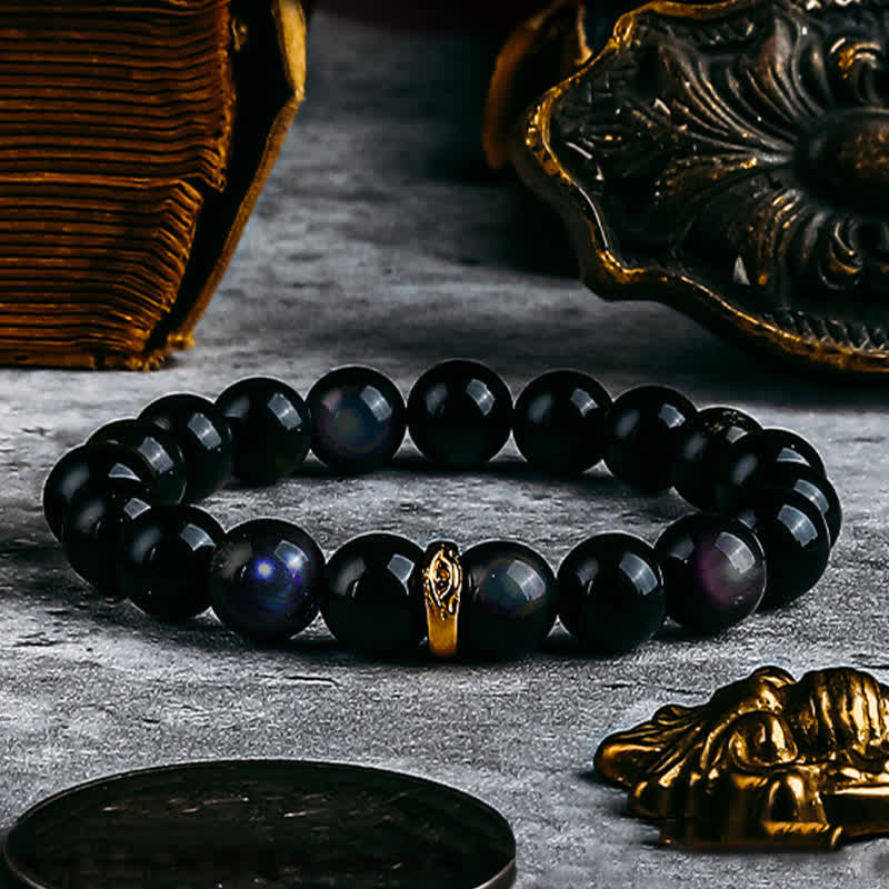 Olivenorma Armband mit Perlen aus natürlichem Obsidian und bösem Blick in Gold und Silber