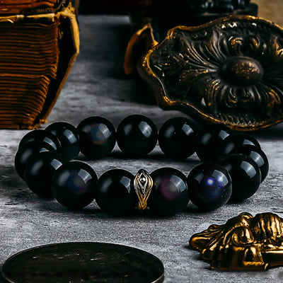 Olivenorma Armband mit Perlen aus natürlichem Obsidian und bösem Blick in Gold und Silber