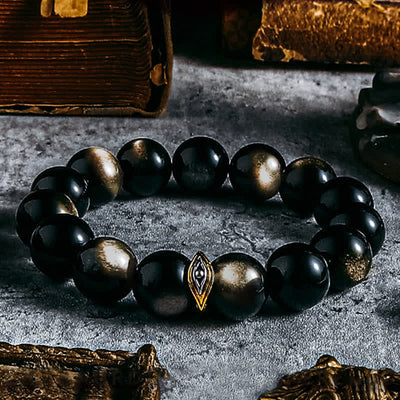 Olivenorma Armband mit Perlen aus natürlichem Obsidian und bösem Blick in Gold und Silber