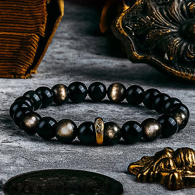 Olivenorma Armband mit Perlen aus natürlichem Obsidian und bösem Blick in Gold und Silber